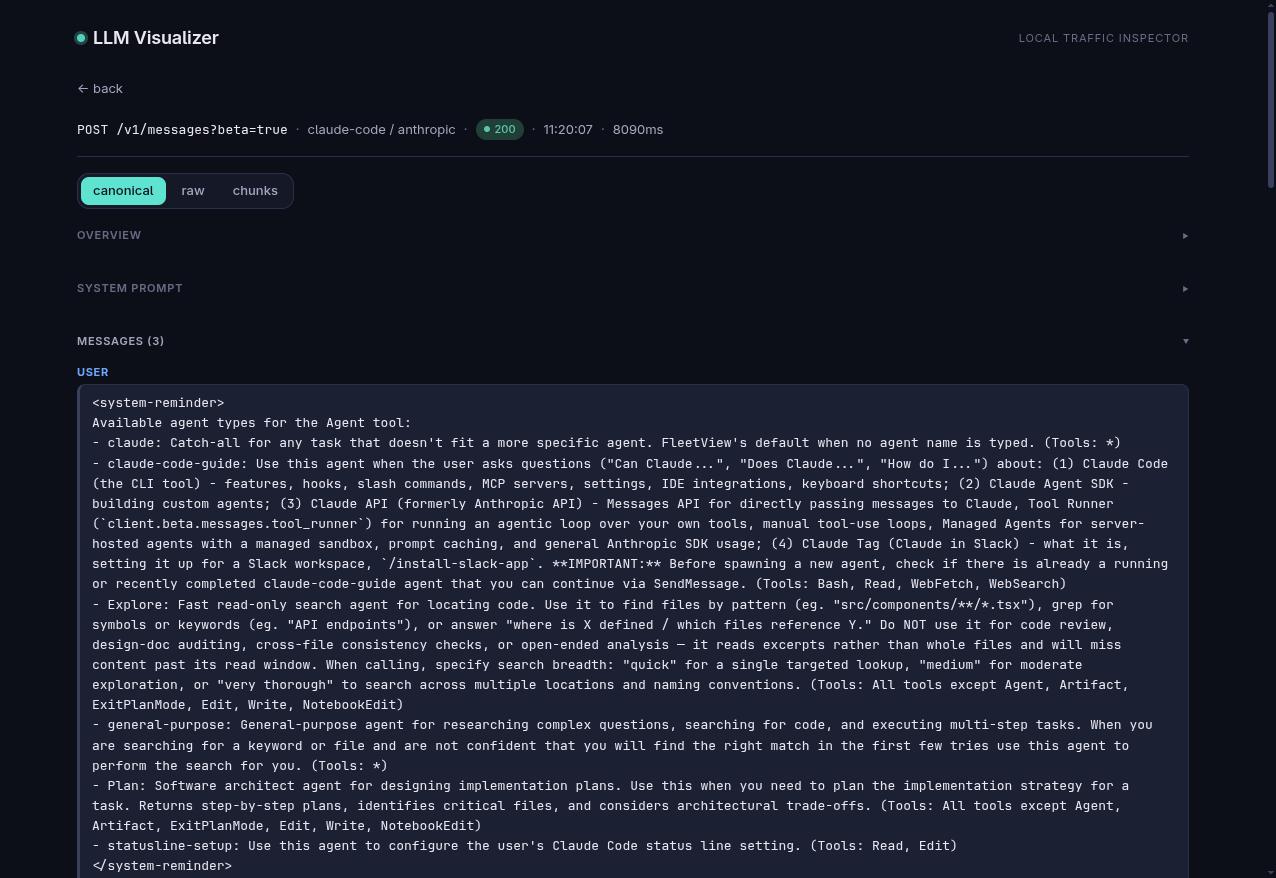 Canonical view showing the full expanded user message including Claude Code's injected system-reminder text