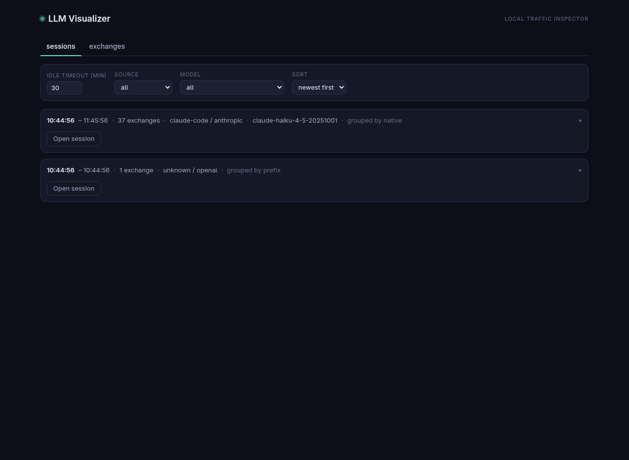 LLM Visualizer session list showing a claude-code session with 37 exchanges